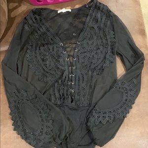 Lace up black long sleeve body suit